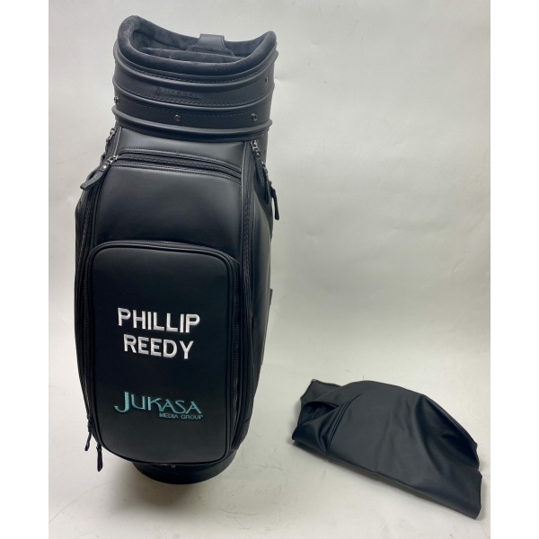 Used Black Leather Vessel Golf Staff Bag with Rainhood & Strap Embroidered Phillip Reedy