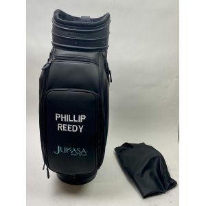 Used Black Leather Vessel Golf Staff Bag with Rainhood & Strap Embroidered Phillip Reedy