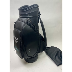 Used Black Leather Vessel Golf Staff Bag with Rainhood & Strap Embroidered Phillip Reedy