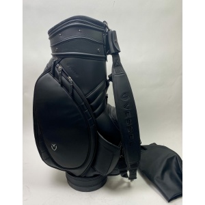Used Black Leather Vessel Golf Staff Bag with Rainhood & Strap Embroidered Phillip Reedy