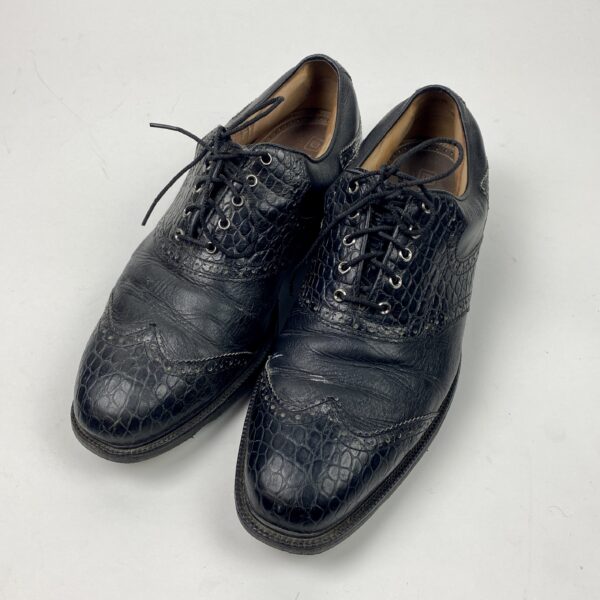 Used FootJoy ICON Mens Size US 11  Golf Shoes Black Croc & Leather Wing Tip