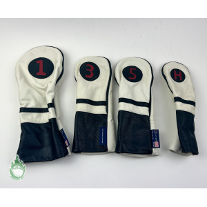 Set of 4 Used Stitch Golf Leather White & Black Hybrid 1, 3 & 5 Wood Headcover