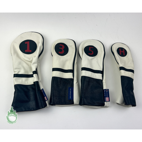 Set of 4 Used Stitch Golf Leather White & Black Hybrid 1, 3 & 5 Wood Headcover