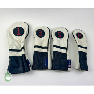 Set of 4 Used Stitch Golf Leather White & Black Hybrid 1, 3 & 5 Wood Headcover