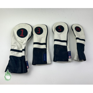 Set of 4 Used Stitch Golf Leather White & Black Hybrid 1, 3 & 5 Wood Headcover