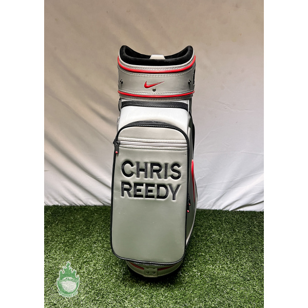 Used Gray Red Nike 20Xi Golf Staff Bag with Rainhood Embroidered Chris Reedy SwingPoint Golf