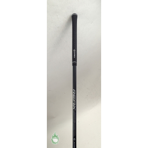Black TaylorMade REAX graphite fairway wood shaft with textured Golf Pride grip shown vertically.