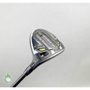 Cobra RADSpeed 3-wood club head with black, silver and neon yellow accents, showing 14.5° loft and sole weight port.