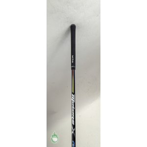Black Golf Pride grip and Motore X F3 graphite shaft with red, yellow, and orange stripes on a used Cobra fairway wood.
