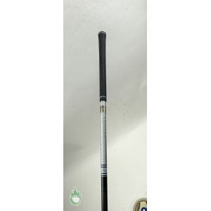 Black Golf Pride grip with patterned silver graphite shaft of a Titleist TSR2 driver standing upright.
