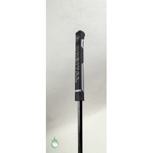 Black and gray putter grip with white text reading “ORBITAL” on a chrome steel shaft.