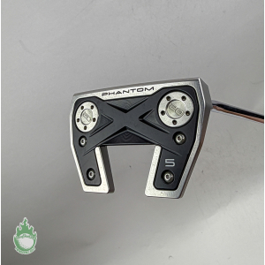 Close-up of a Scotty Cameron Phantom X 5 mallet putter head with dual weights against a light gray background.
