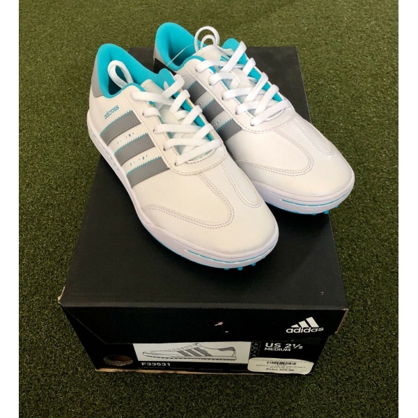 New Adidas JR adicross V Junior s Spikeless Golf Shoe Size 2.5M White Gray Blue SwingPoint Golf