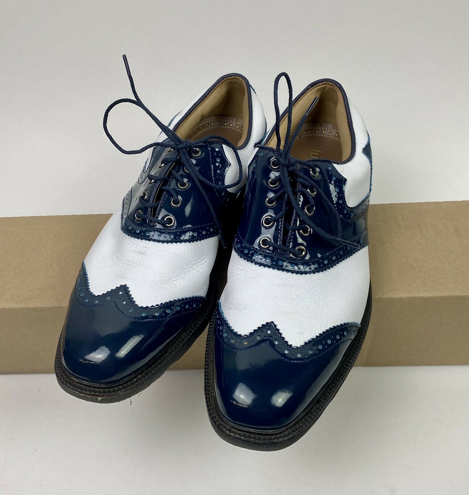 2015 Footjoy FJ ICON Myjoys Traditional Mens Golf Shoes White & Navy 8. ...
